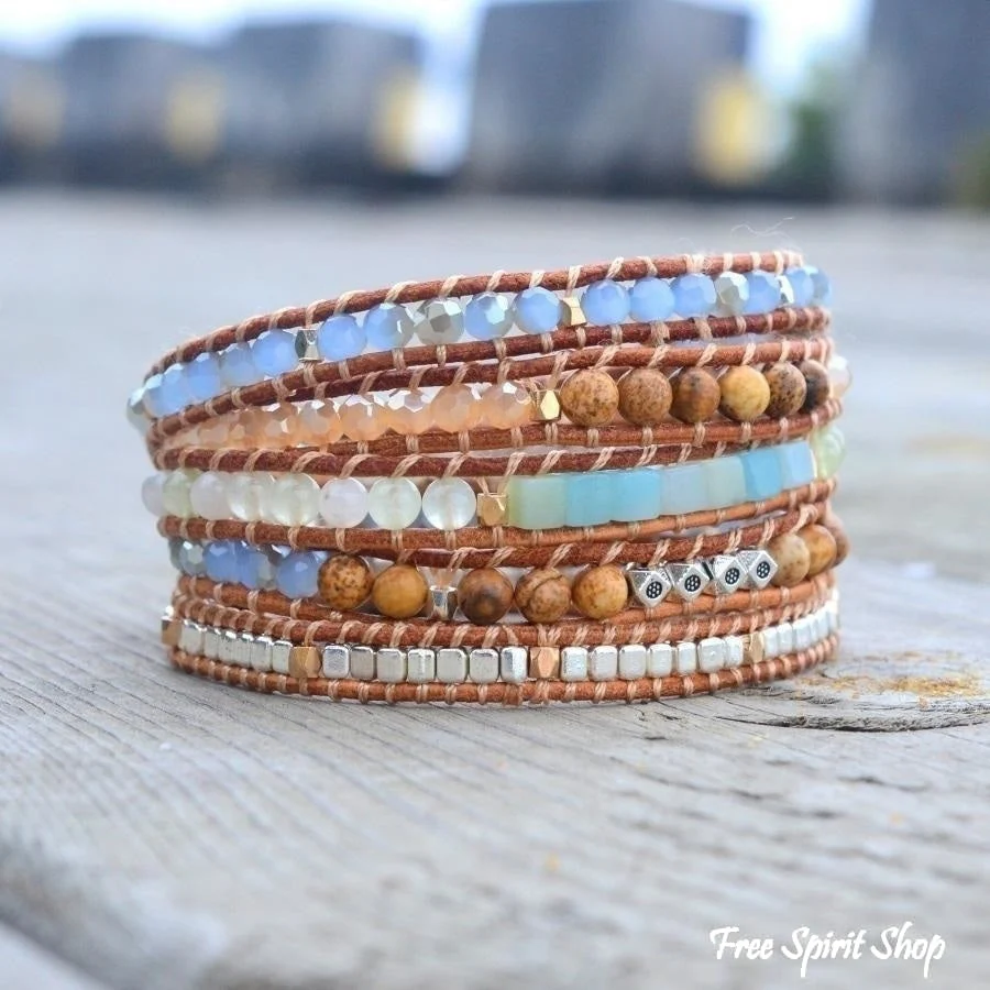Natural Amazonite & Jasper Leather Wrap Bracelet - Image 4