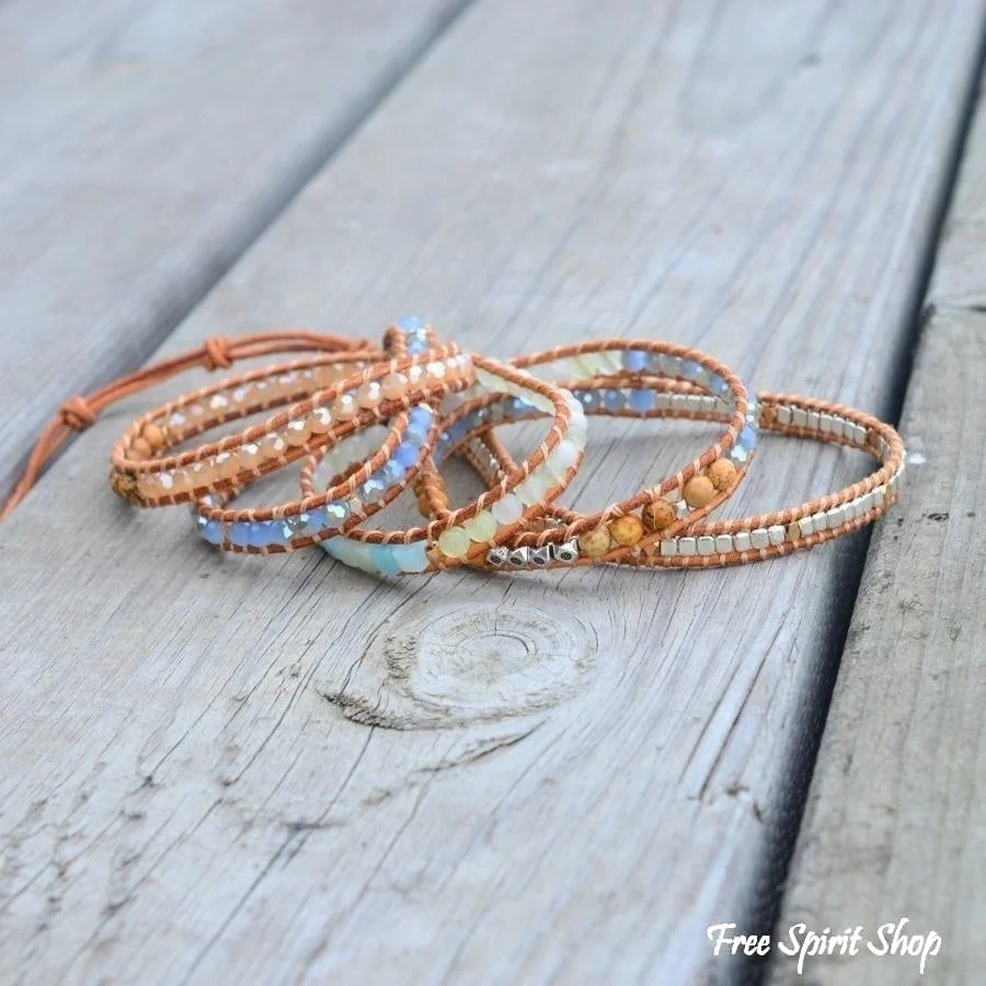 Natural Amazonite & Jasper Leather Wrap Bracelet - Image 5