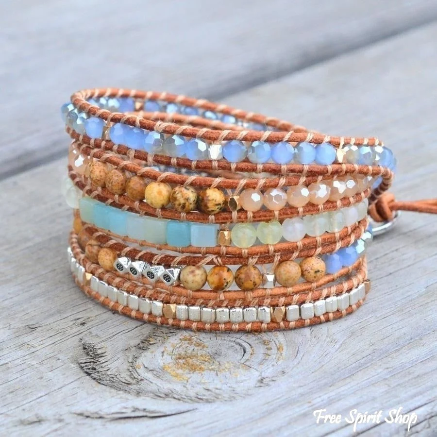 Natural Amazonite & Jasper Leather Wrap Bracelet - Image 6