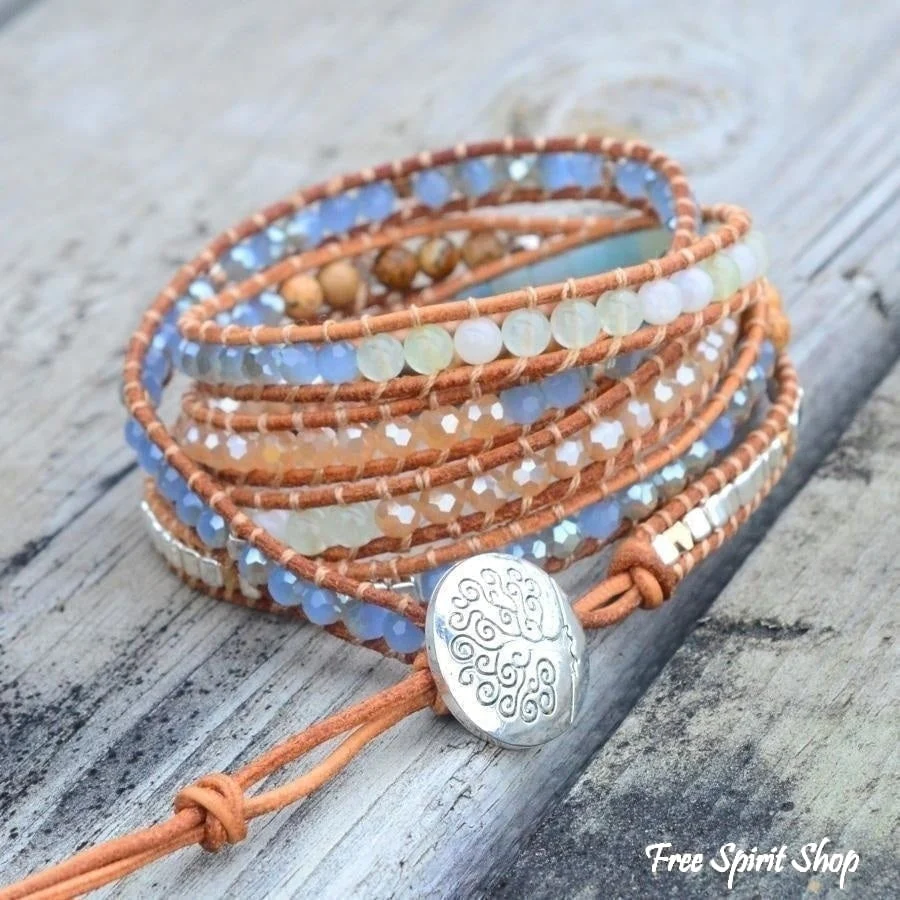 Natural Amazonite & Jasper Leather Wrap Bracelet - Image 7