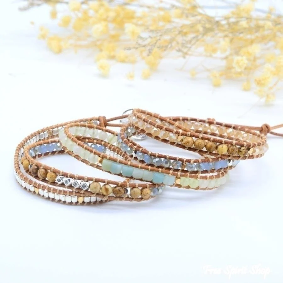 Natural Amazonite & Jasper Leather Wrap Bracelet - Image 8