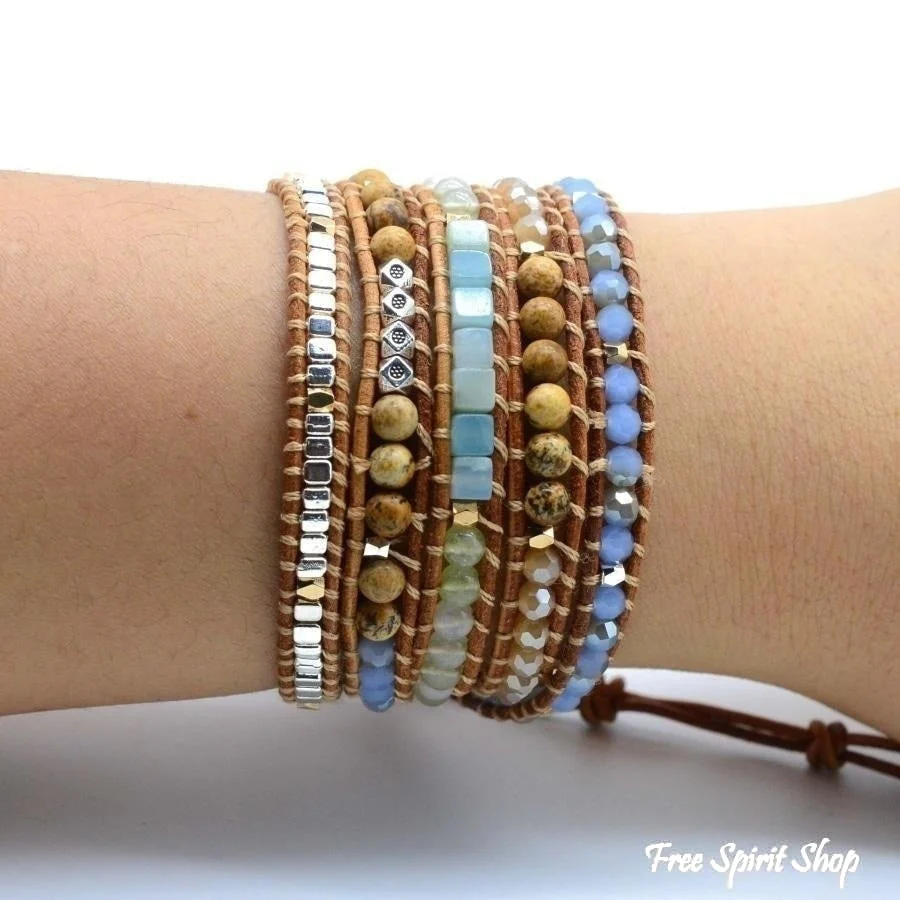 Natural Amazonite & Jasper Leather Wrap Bracelet - Image 9