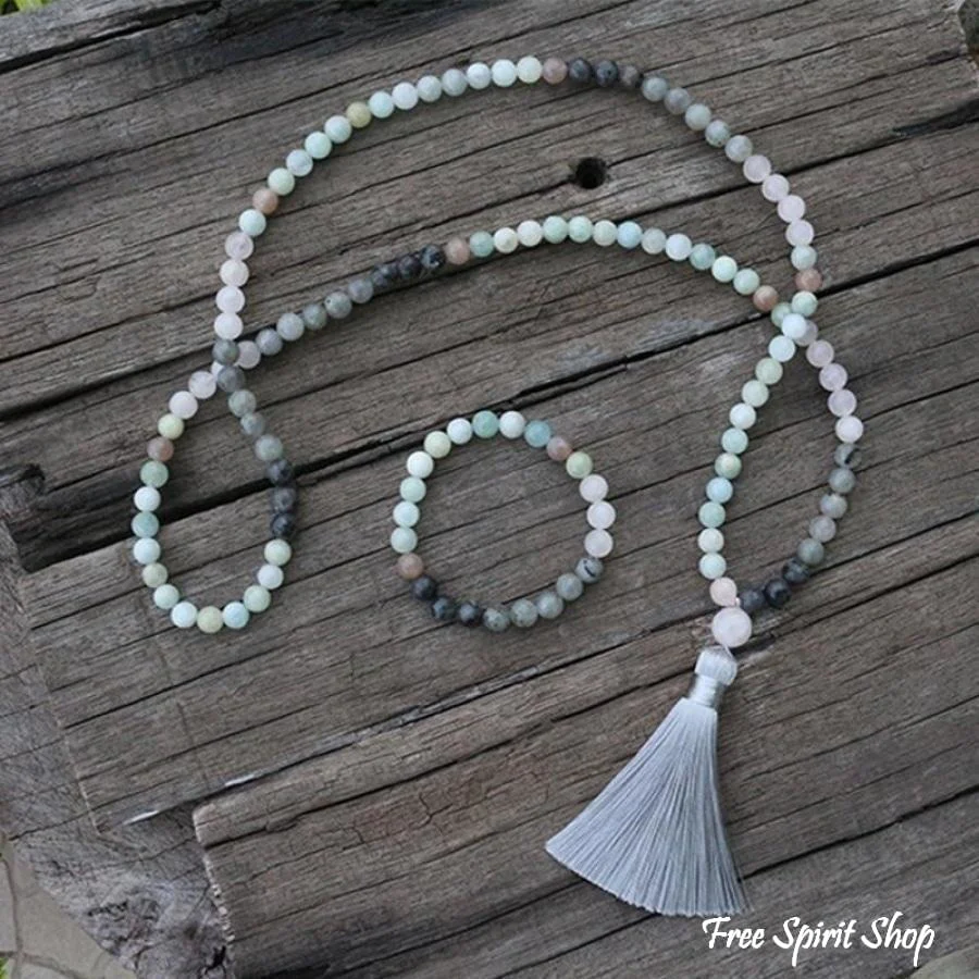 Natural Amazonite Labradorite Aquamarine & Rose Quartz Bead Bracelet / Necklace - Image 3