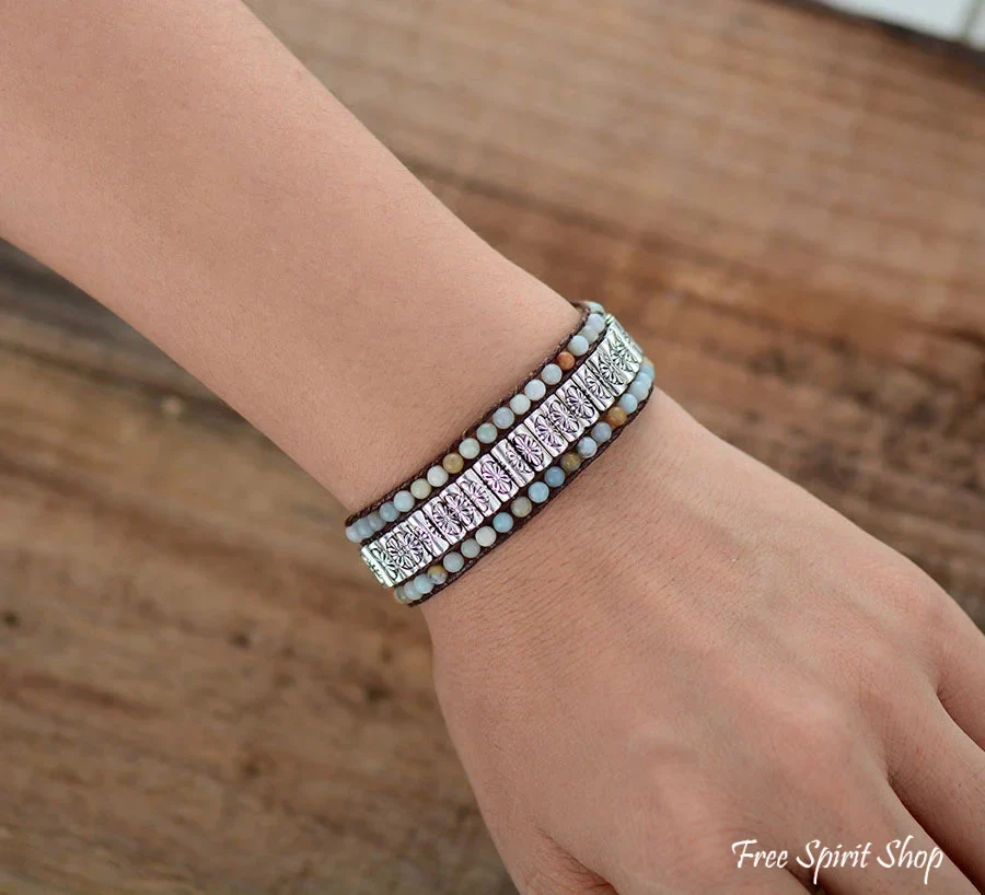 Natural Amazonite & Tibetan Metal Bead Wrap Bracelet - Image 2