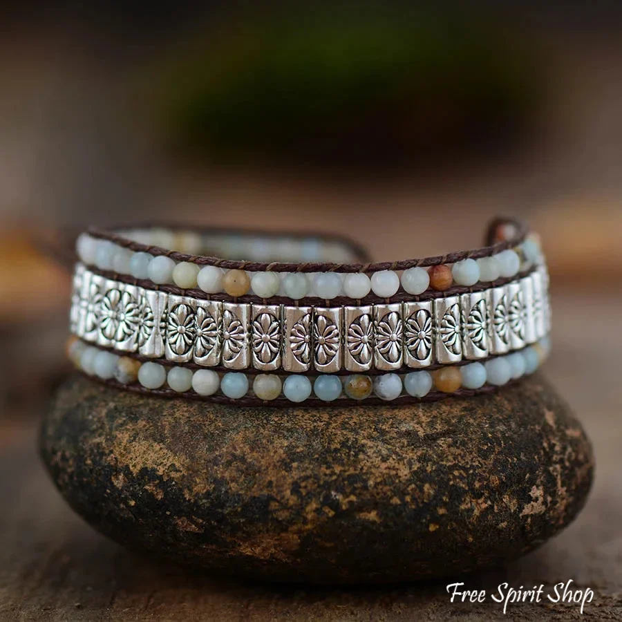Natural Amazonite & Tibetan Metal Bead Wrap Bracelet - Image 3