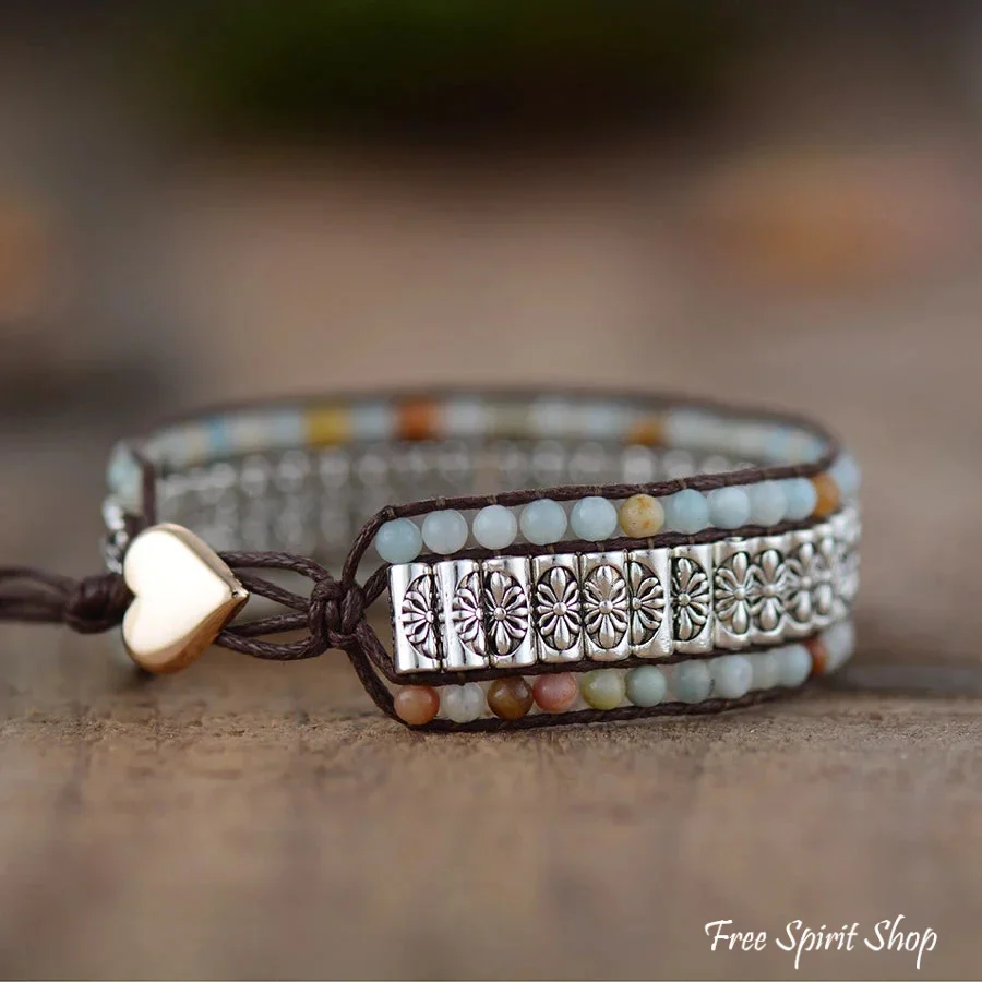 Natural Amazonite & Tibetan Metal Bead Wrap Bracelet - Image 4