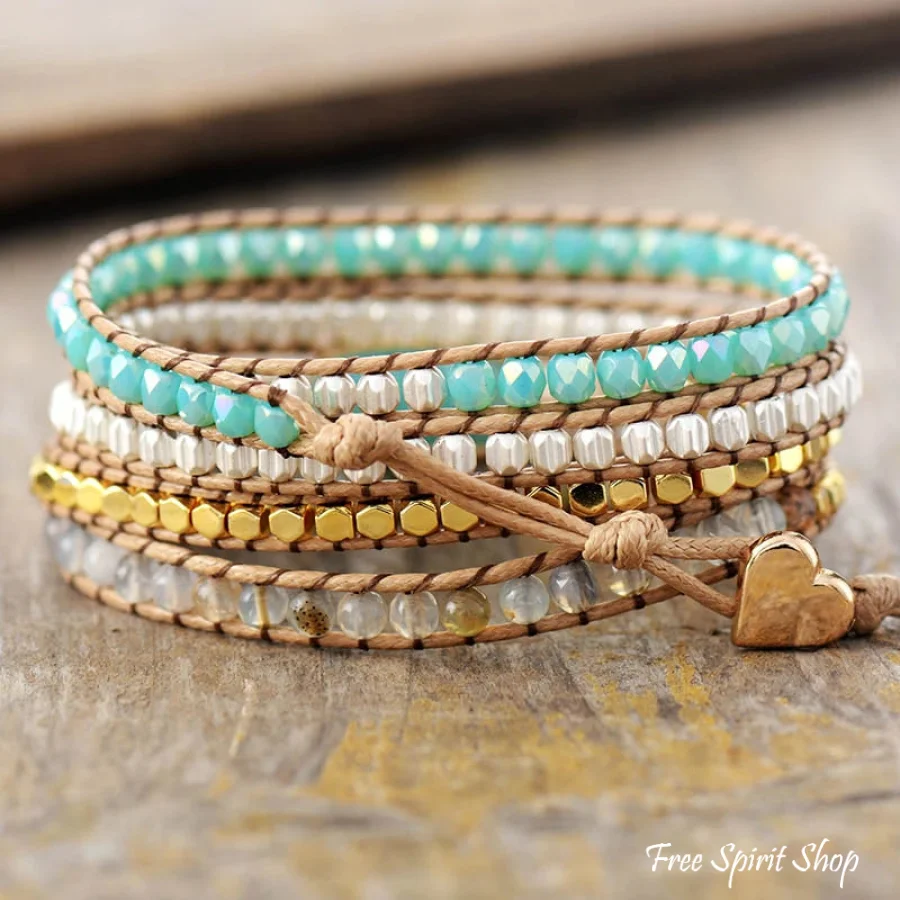 Natural Amazonite & Quartz Bead Wrap Bracelet - Image 2