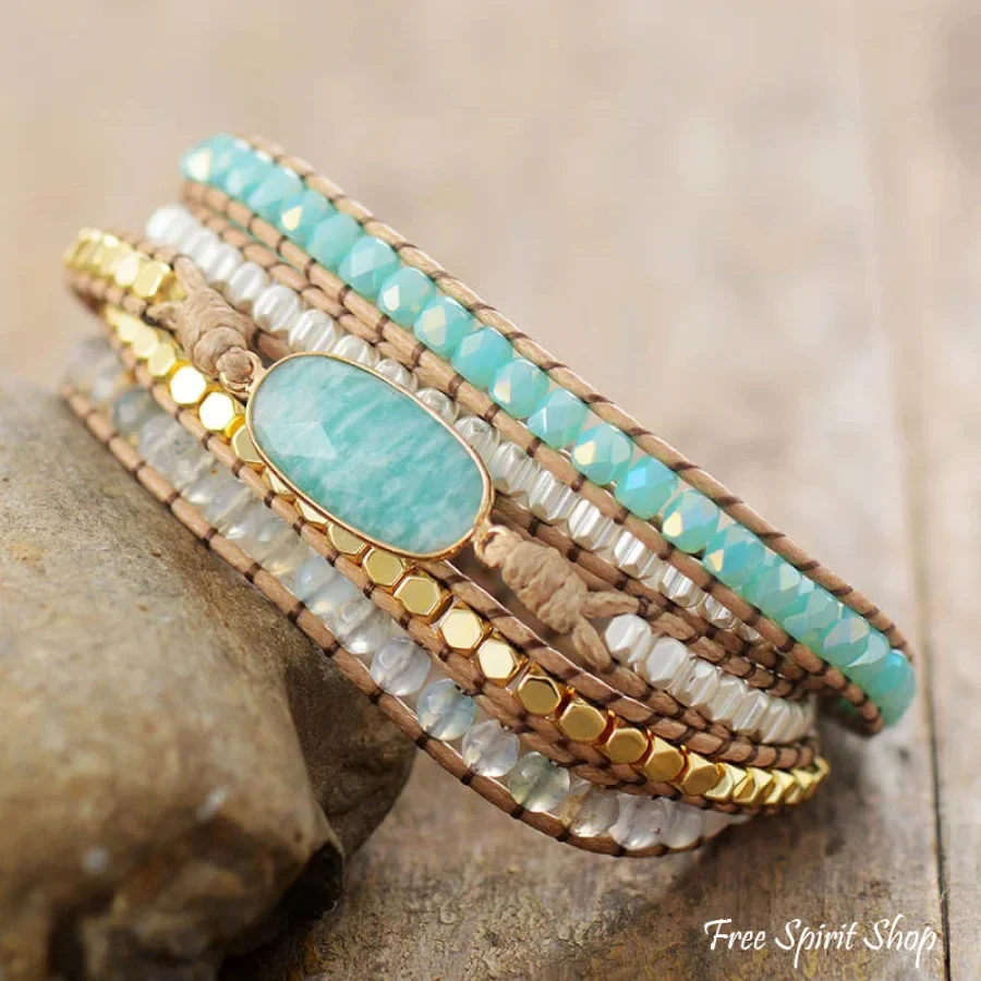 Natural Amazonite & Quartz Bead Wrap Bracelet - Image 3