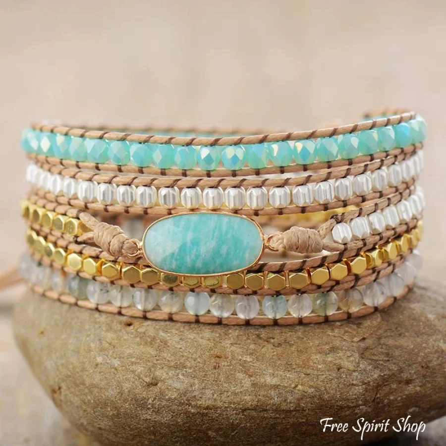 Natural Amazonite & Quartz Bead Wrap Bracelet - Image 4
