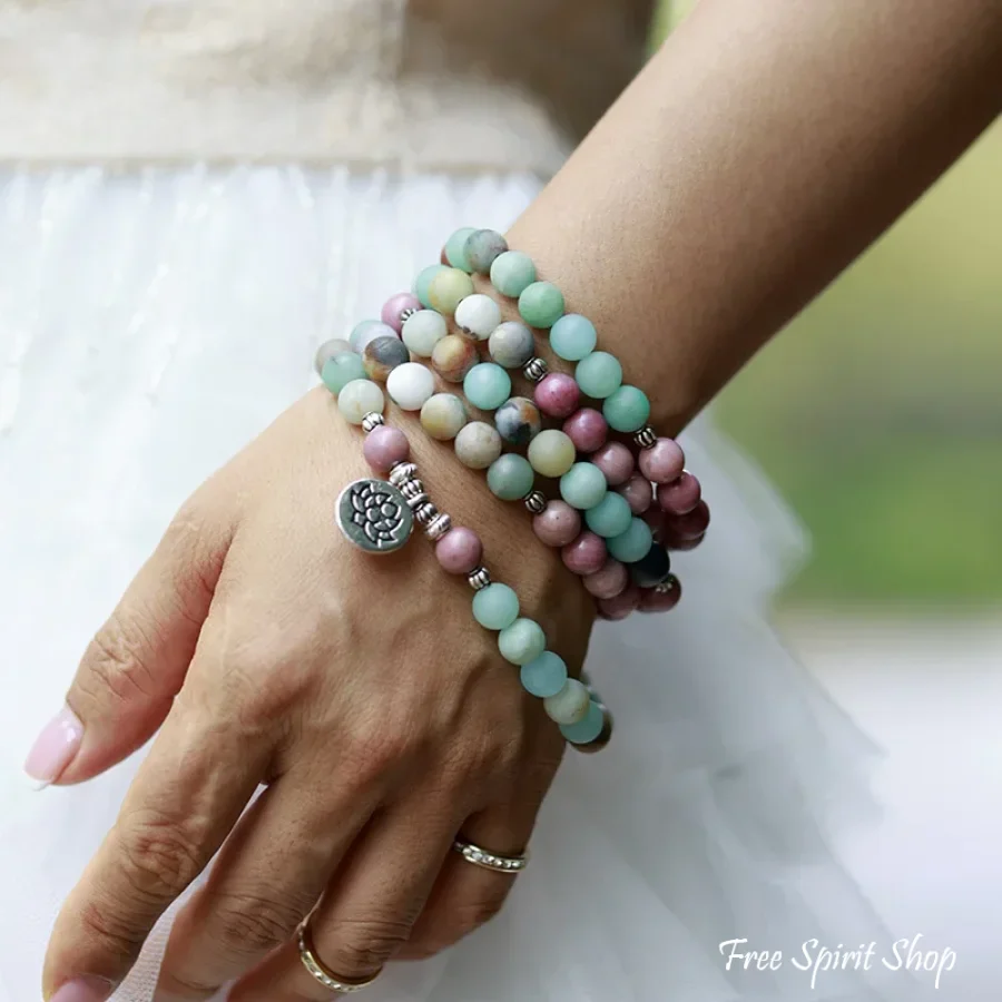 Natural Amazonite & Rhodonite 108 Bead Mala Bracelet - Image 2