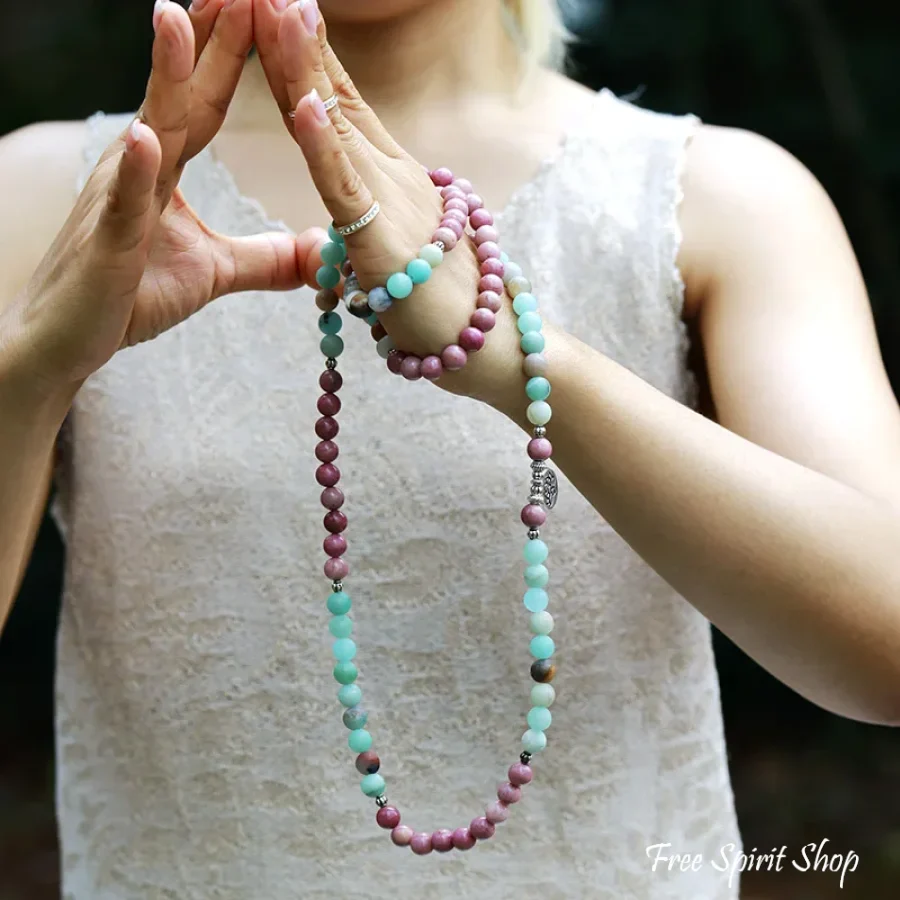 Natural Amazonite & Rhodonite 108 Bead Mala Bracelet - Image 3