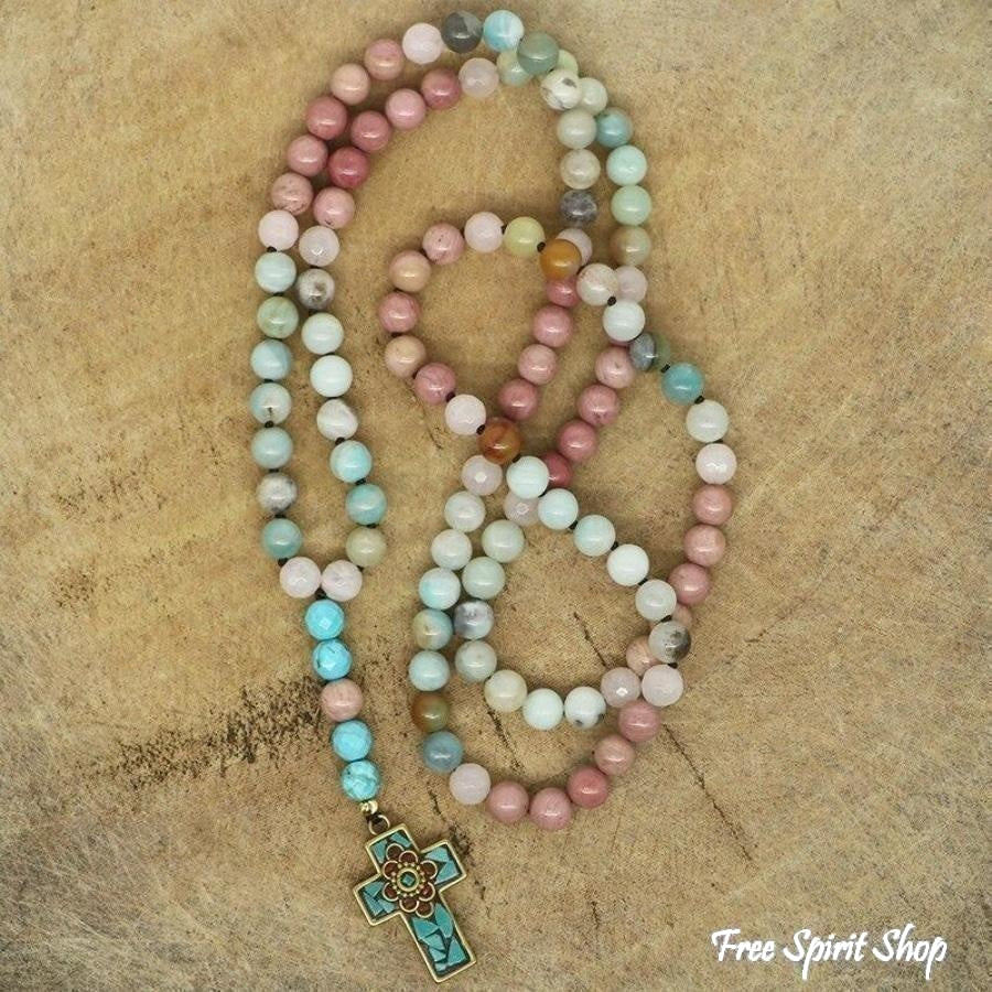 Natural Amazonite Rose Quartz & Rhodonite Necklace With Cross Pendant - Image 3