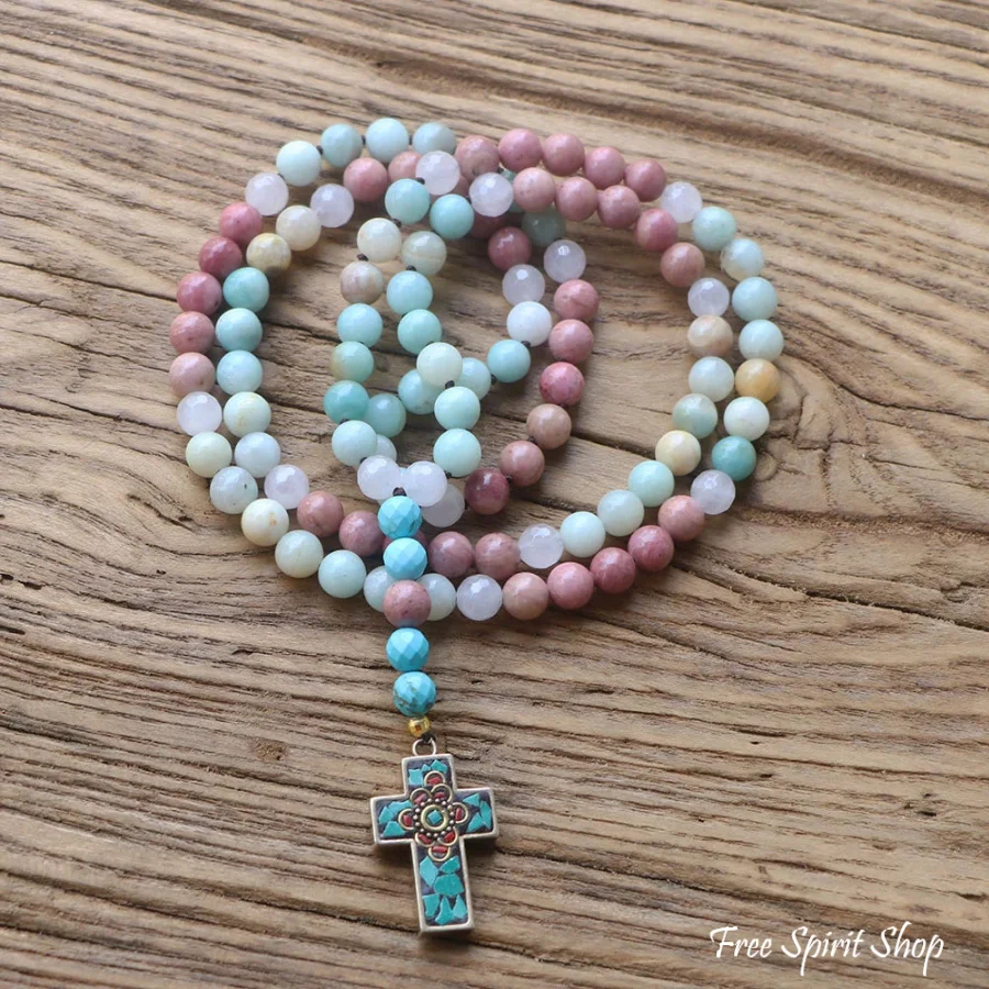 Natural Amazonite Rose Quartz & Rhodonite Necklace With Cross Pendant - Image 4
