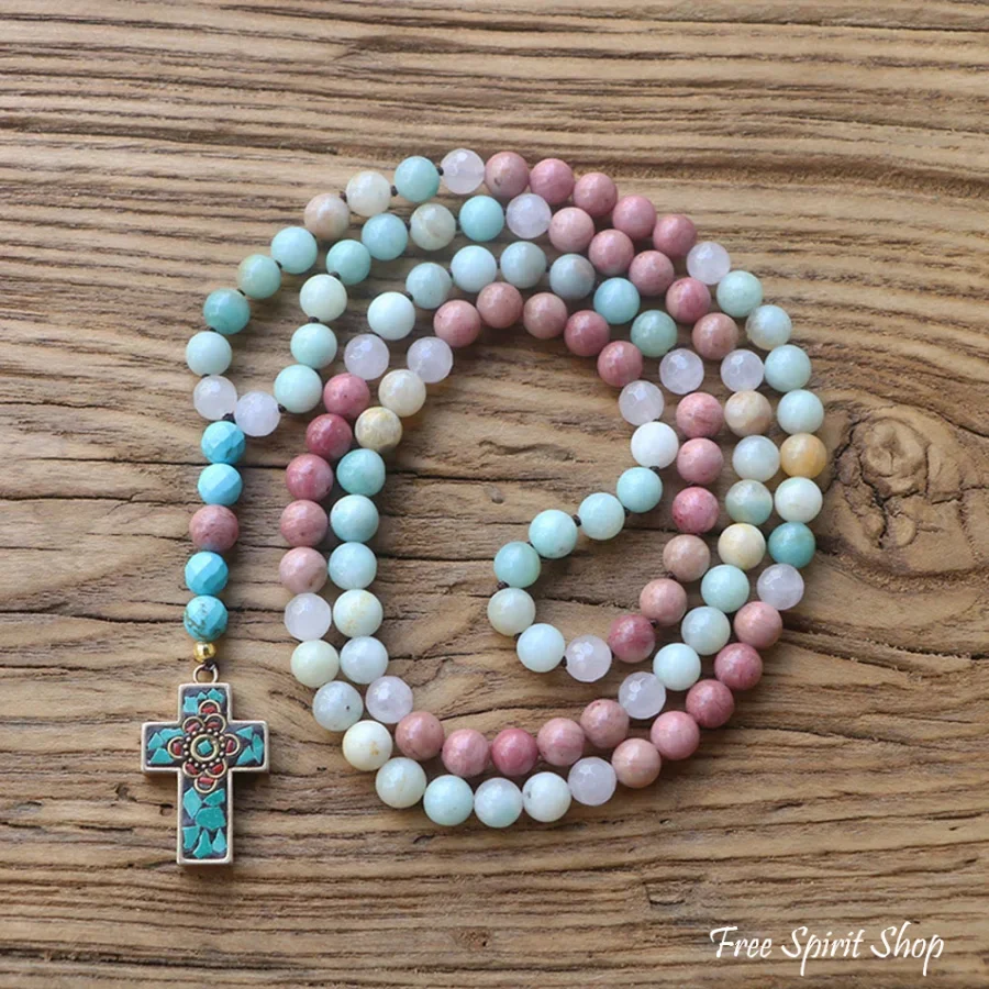 Natural Amazonite Rose Quartz & Rhodonite Necklace With Cross Pendant - Image 5