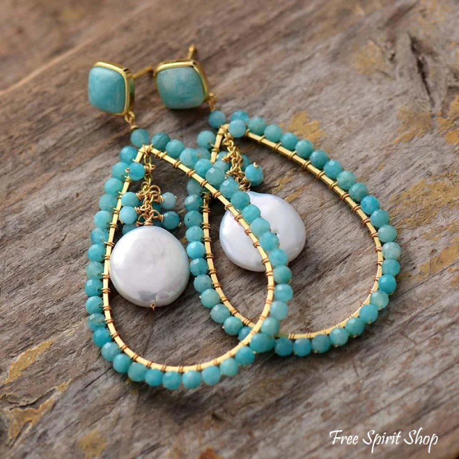 Natural Amazonite & Seashell Earrings - Image 3
