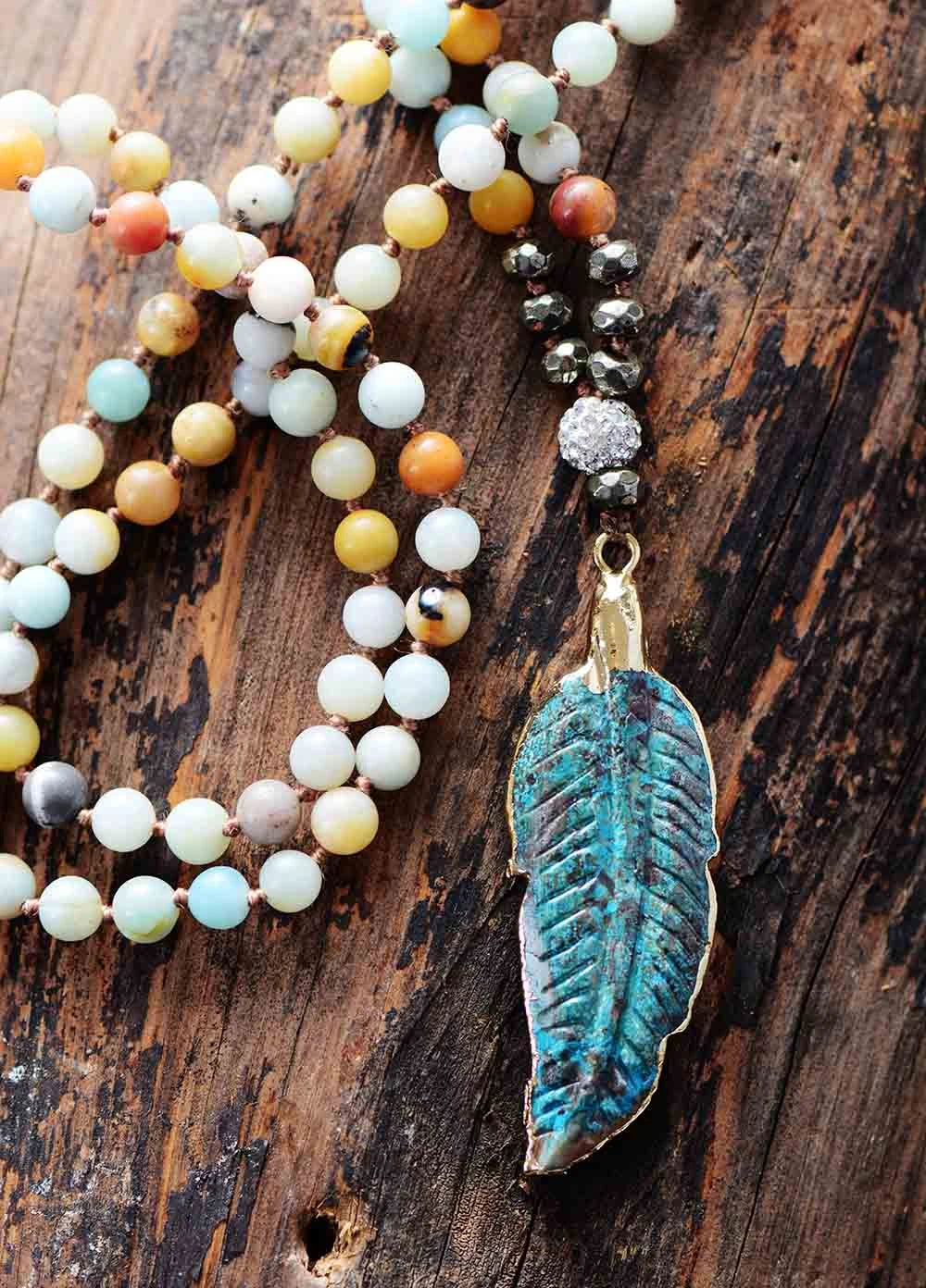 Natural Amazonite Stone & Feather Pendant Necklace - Image 2