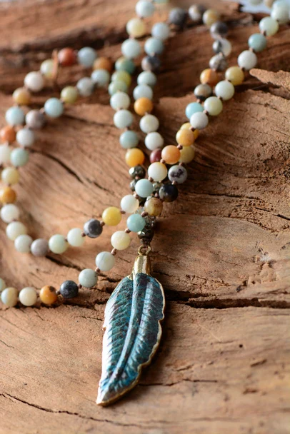 Natural Amazonite Stone & Feather Pendant Necklace - Image 4