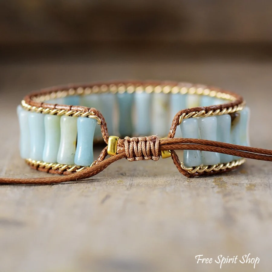 Natural Amazonite Tubes & Gold Chain Adjustable Bead Bracelet - Image 2
