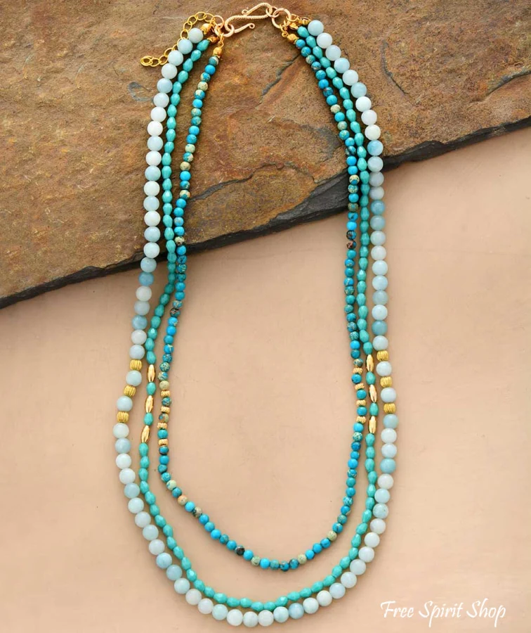 Natural Amazonite & Turquoise Jasper Multi Layer Bead Necklace - Image 3