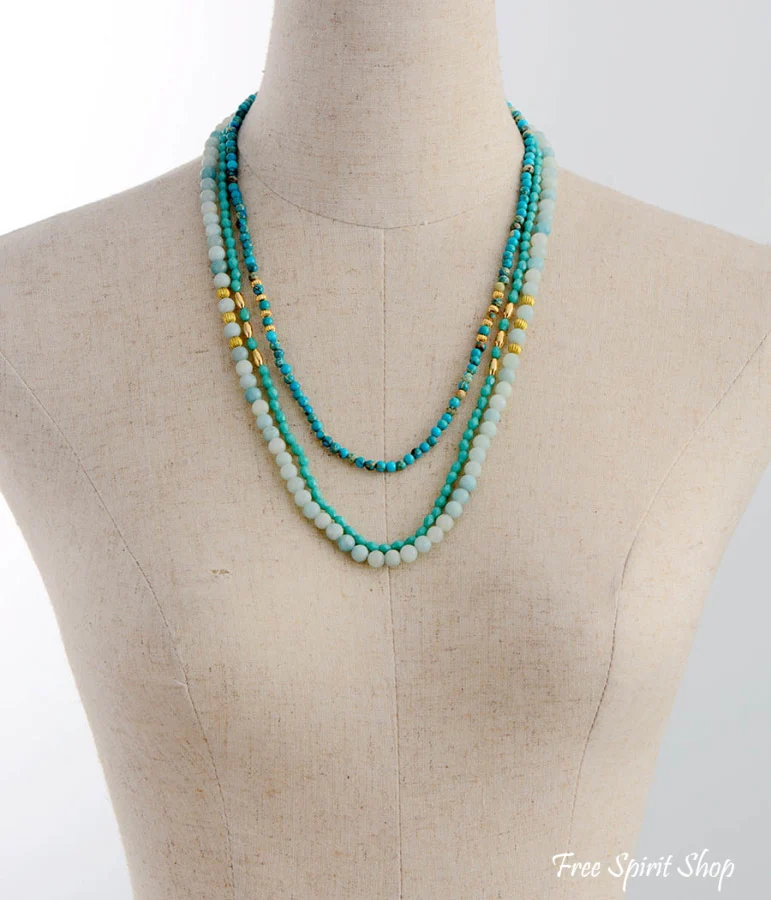 Natural Amazonite & Turquoise Jasper Multi Layer Bead Necklace - Image 4