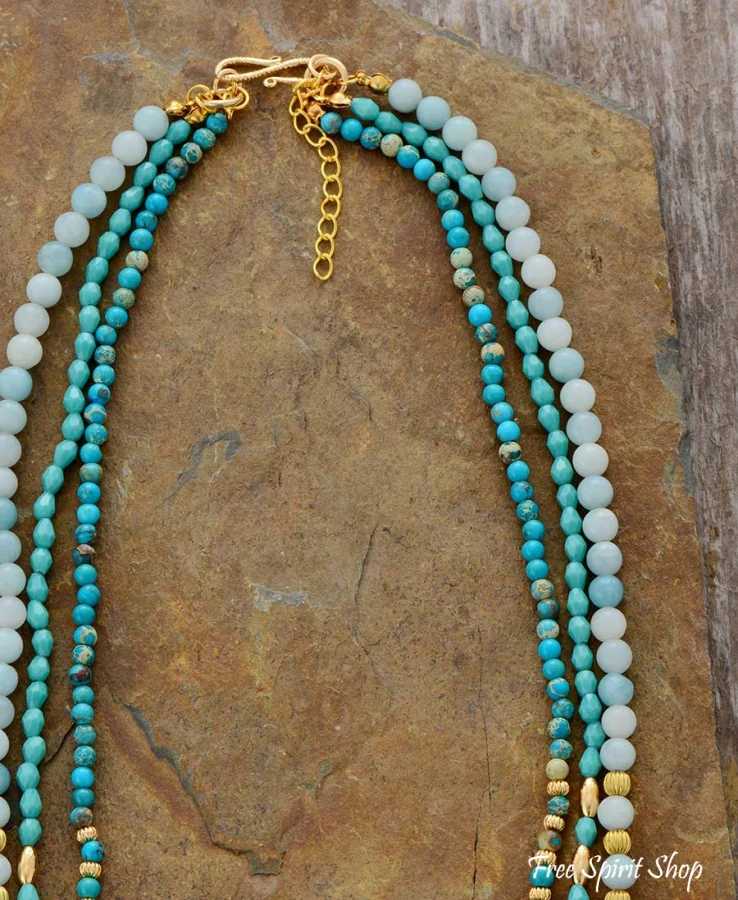 Natural Amazonite & Turquoise Jasper Multi Layer Bead Necklace - Image 5