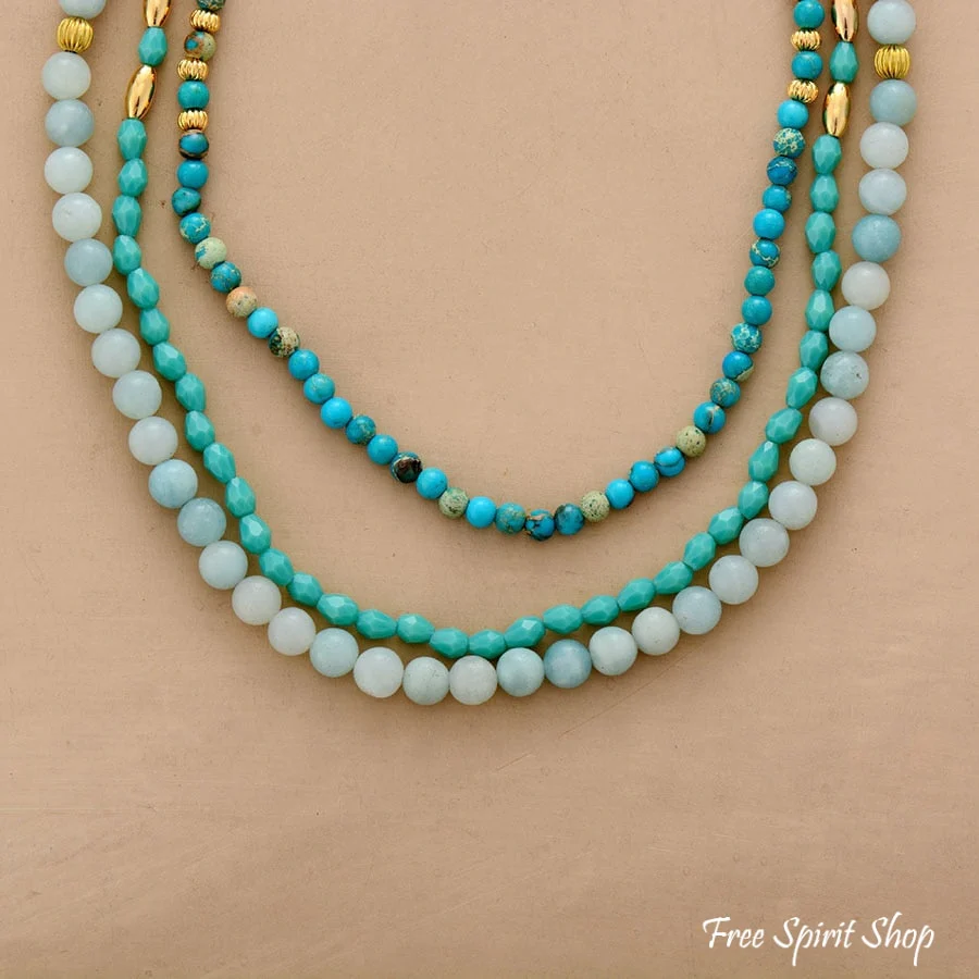 Natural Amazonite & Turquoise Jasper Multi Layer Bead Necklace - Image 6