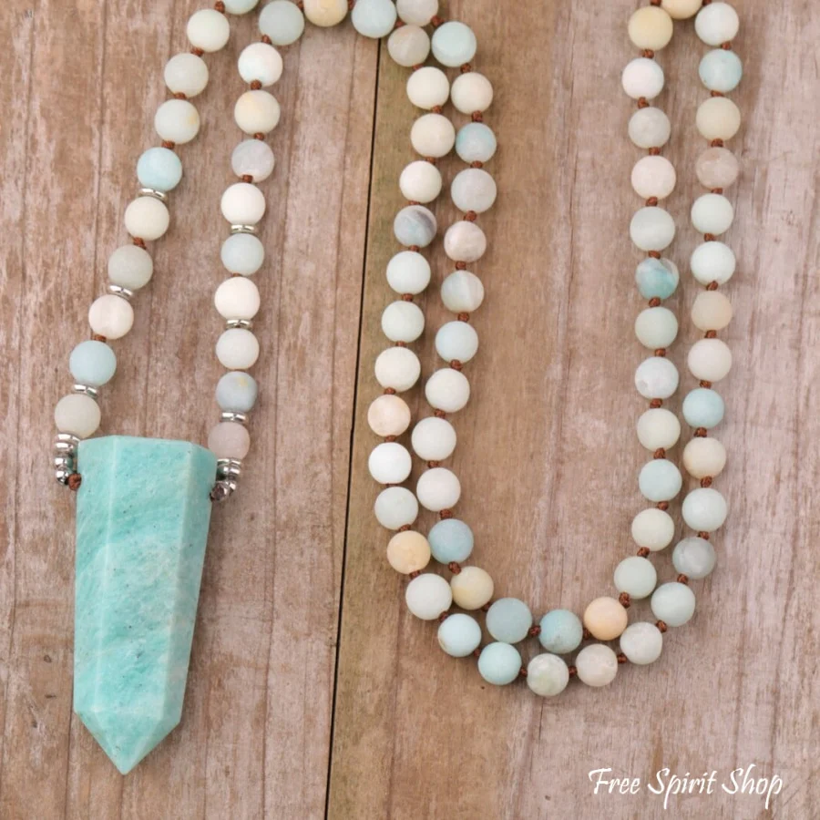 108 Natural Amazonite Wandpoint Mala Bead Necklace - Image 2