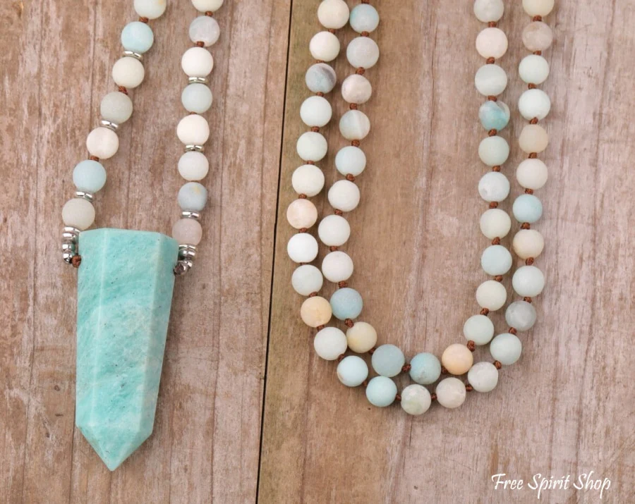 108 Natural Amazonite Wandpoint Mala Bead Necklace - Image 3
