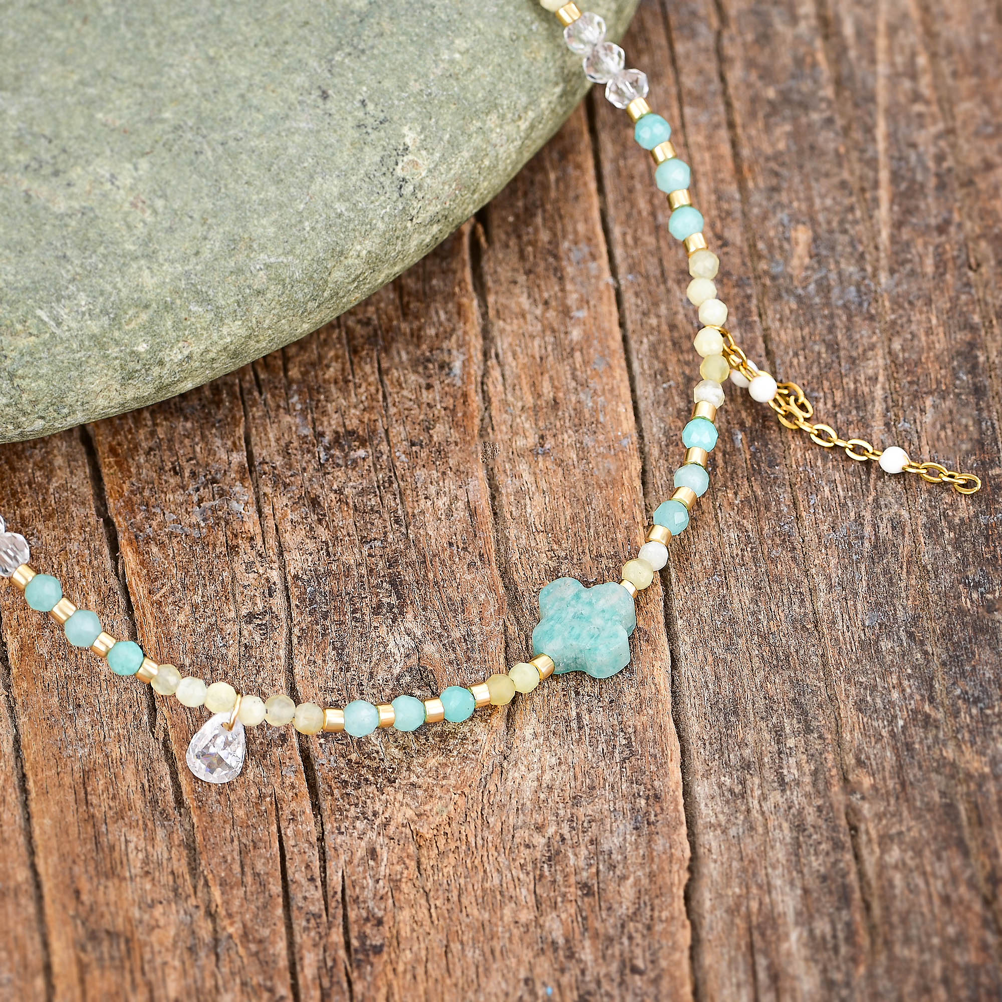 Natural Amazonite Clover & Yellow Citrine Bead Anklet - Image 3