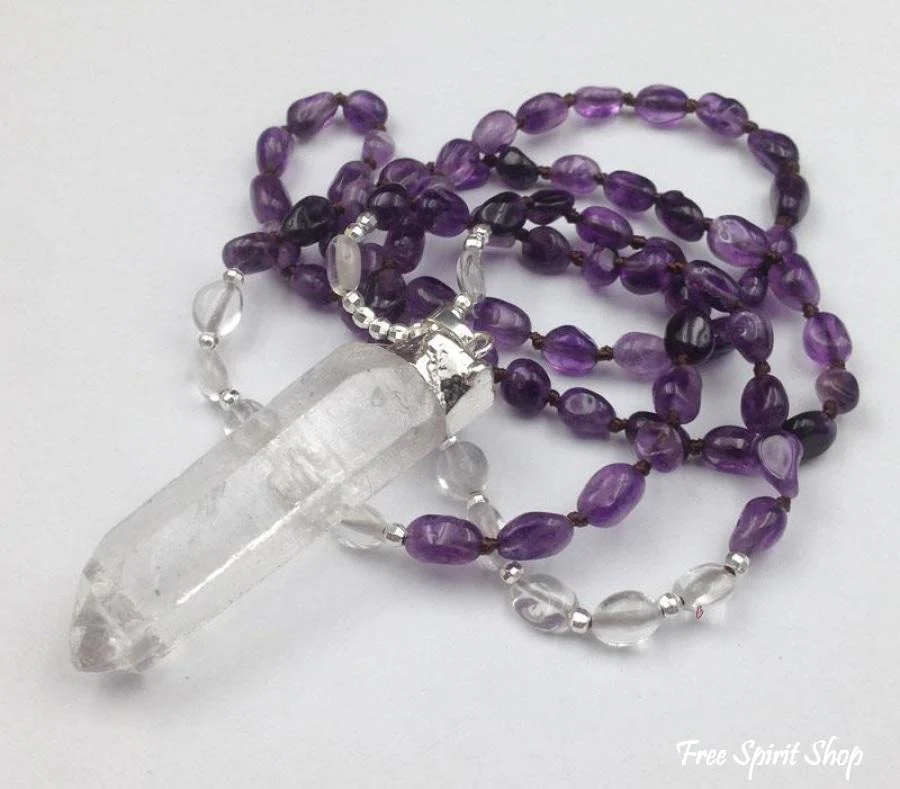 Natural Amethyst & Clear Quartz Gemstone Mala Bead Necklace - Image 3