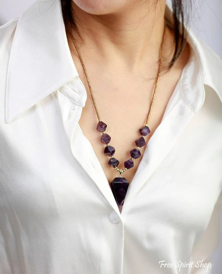 Natural Amethyst Diamond Shaped Pendant Necklace - Image 3