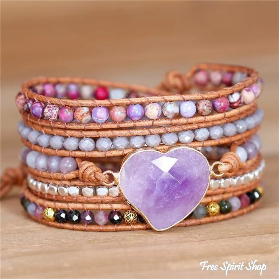 Natural Amethyst Heart Purple Jasper & Tourmaline Beaded Wrap Bracelet - Image 2