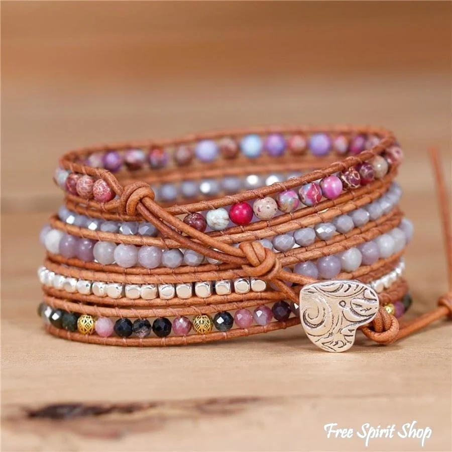 Natural Amethyst Heart Purple Jasper & Tourmaline Beaded Wrap Bracelet - Image 3