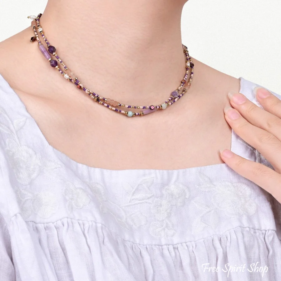 Natural Amethyst Hematite & Purple Assorted Bead Choker Necklace - Image 2
