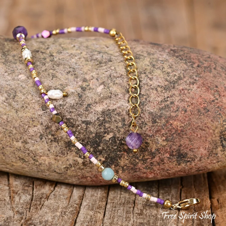 Natural Amethyst Hematite & Purple Assorted Bead Choker Necklace - Image 3