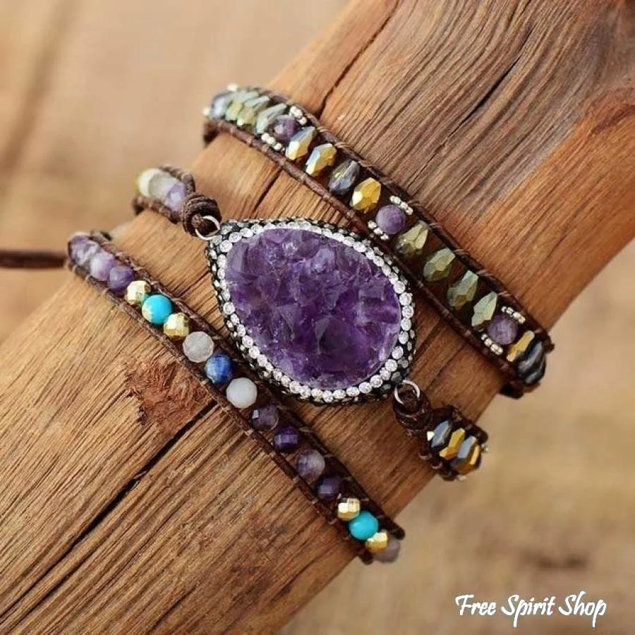 Natural Amethyst Howlite Turquoise & Crystal Wrap Bracelet - Image 3