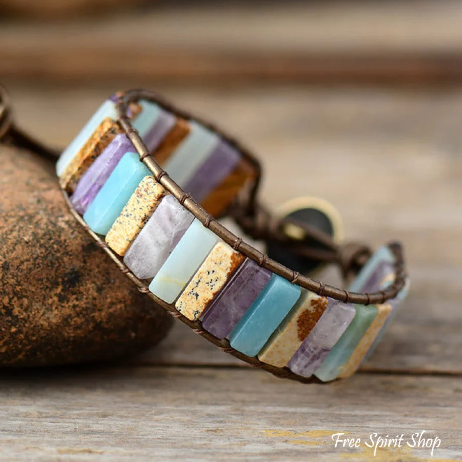 Natural Amethyst Jasper & Amazonite Tube Bead Wrap Bracelet - Image 3