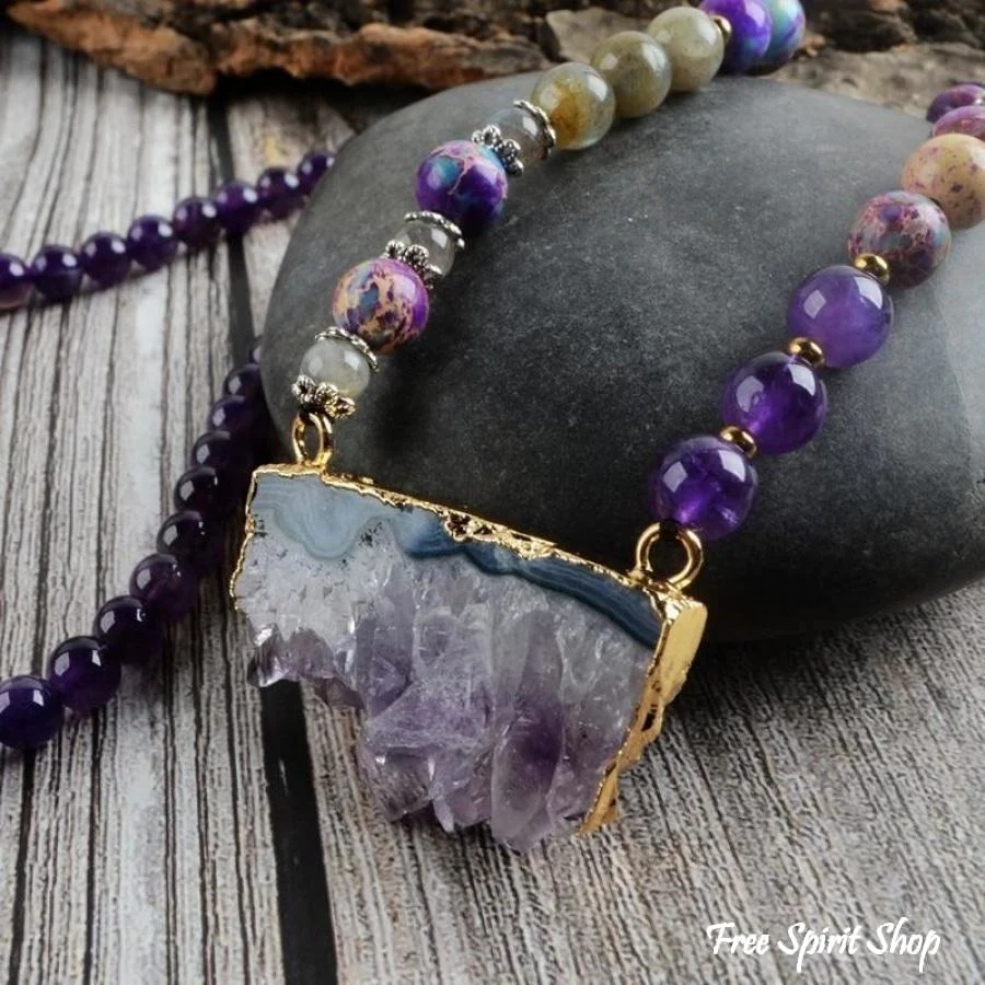 Natural Amethyst Jasper & Labradorite Beaded Druzy Necklace - Image 2