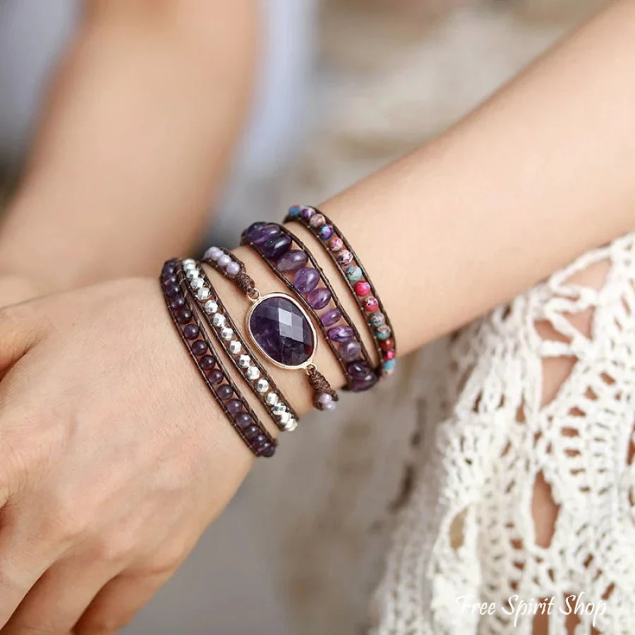 Natural Amethyst & Purple Jasper Wrap Bracelet - Image 2