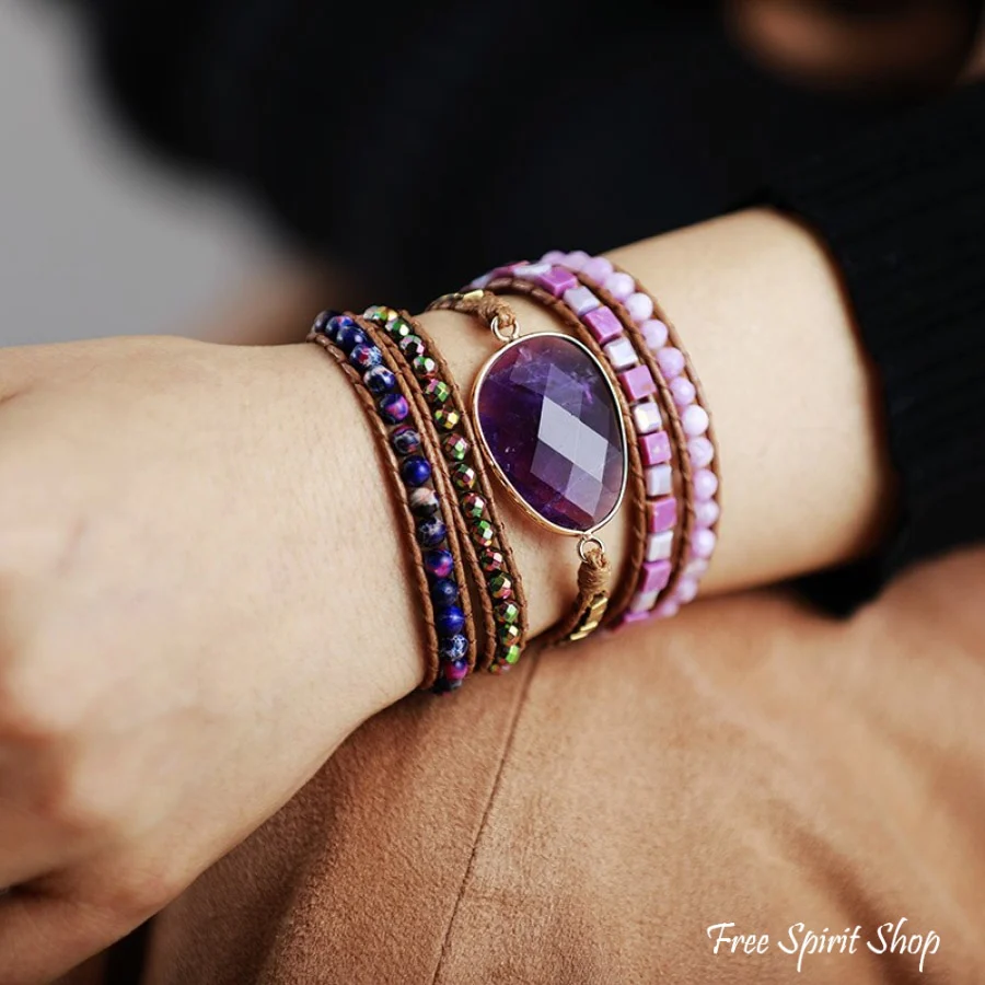 Natural Amethyst & Purple Quartz Wrap Bracelet - Image 2
