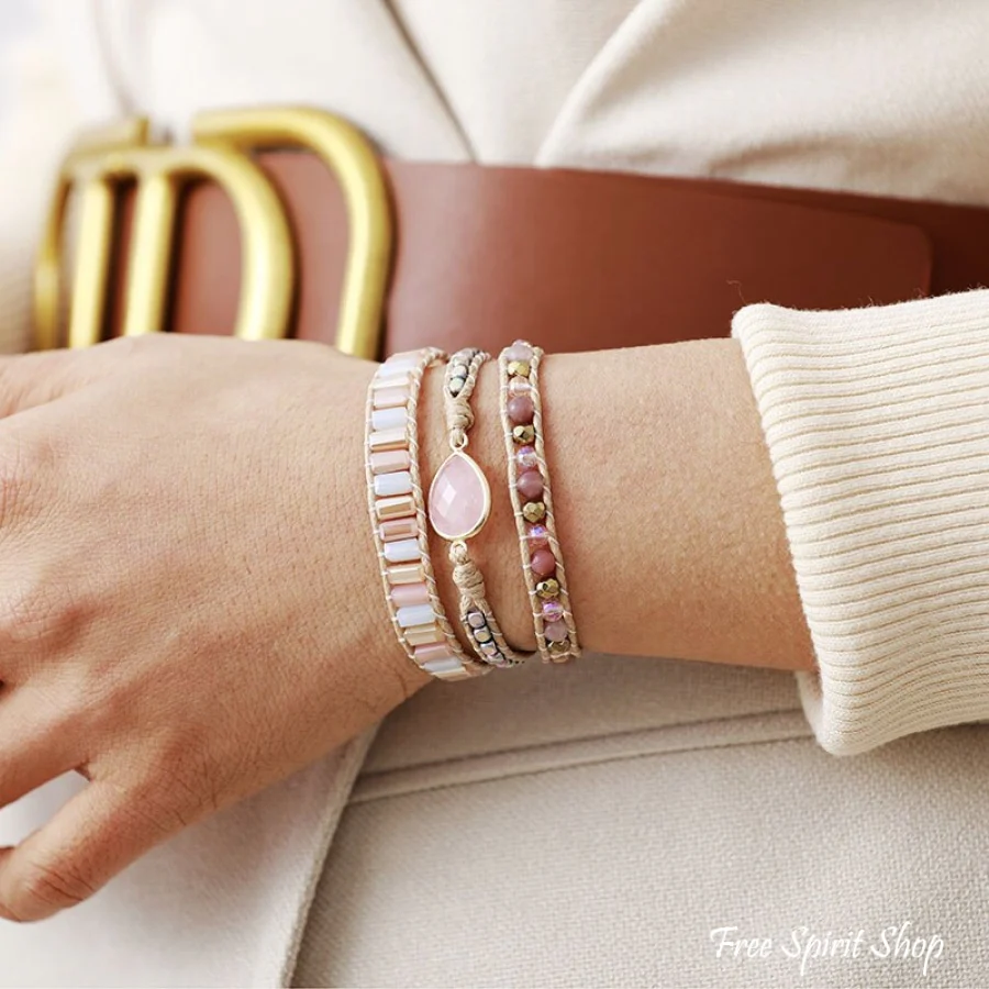 Natural Rose Quartz & Rainbow Hematite Beaded Wrap Bracelet - Image 2