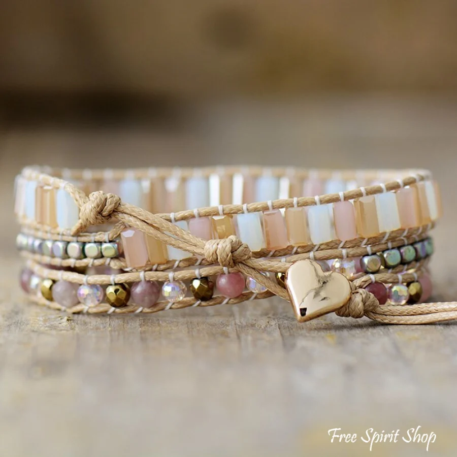 Natural Rose Quartz & Rainbow Hematite Beaded Wrap Bracelet - Image 3