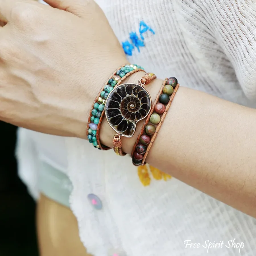 Natural Ammonite Fossil Jasper & African Turquoise Wrap Bracelet - Image 2