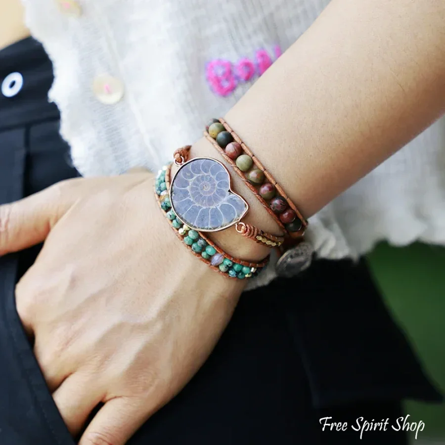 Natural Ammonite Fossil Jasper & African Turquoise Wrap Bracelet - Image 3