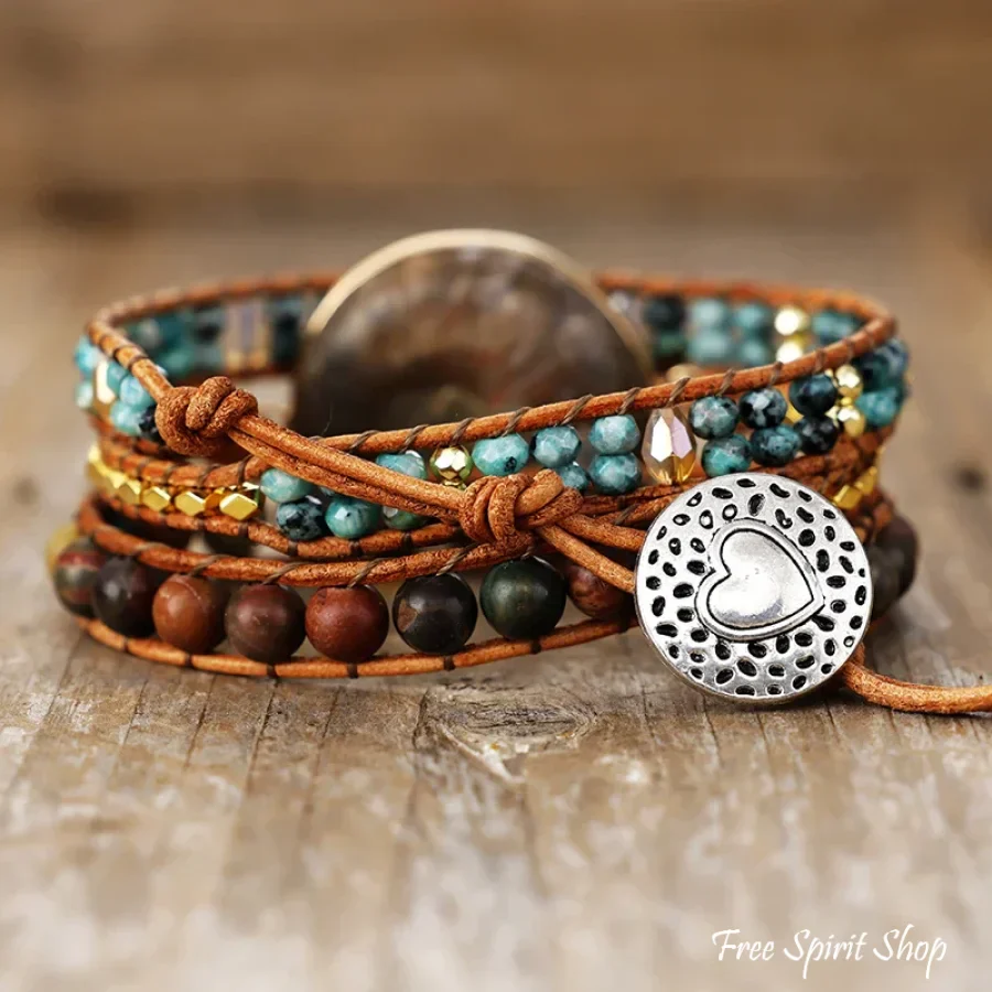 Natural Ammonite Fossil Jasper & African Turquoise Wrap Bracelet - Image 4