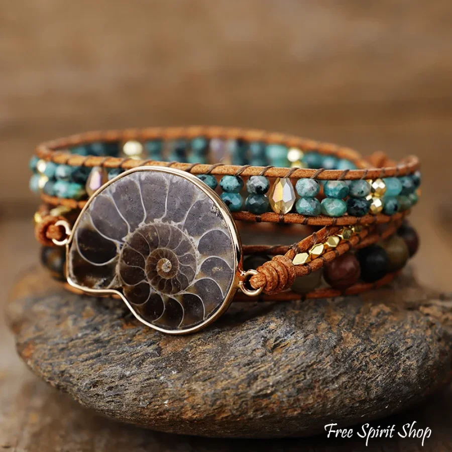 Natural Ammonite Fossil Jasper & African Turquoise Wrap Bracelet - Image 5