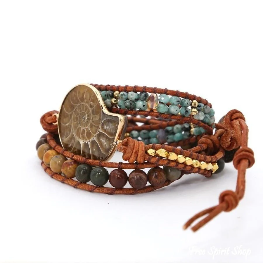 Natural Ammonite Fossil Jasper & African Turquoise Wrap Bracelet - Image 3