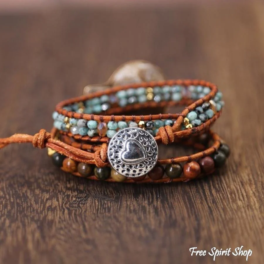 Natural Ammonite Fossil Jasper & African Turquoise Wrap Bracelet - Image 4