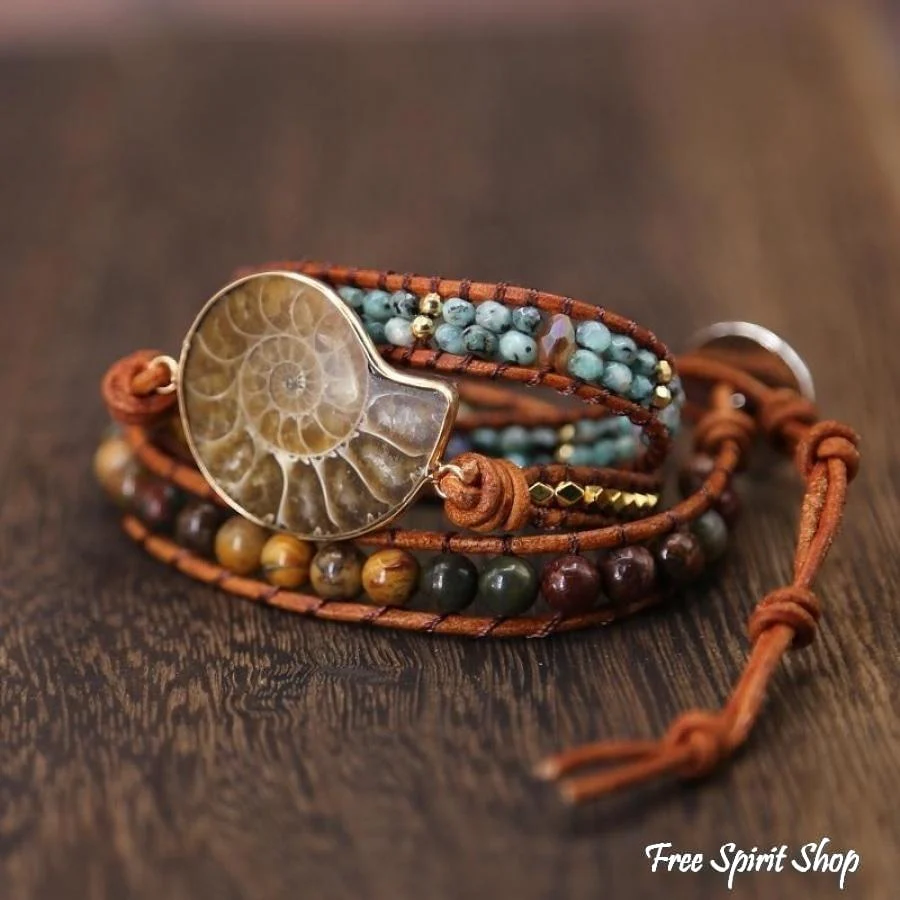 Natural Ammonite Fossil Jasper & African Turquoise Wrap Bracelet - Image 5