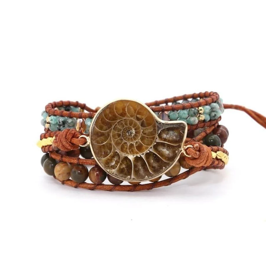 Natural Ammonite Fossil Jasper & African Turquoise Wrap Bracelet - Image 6